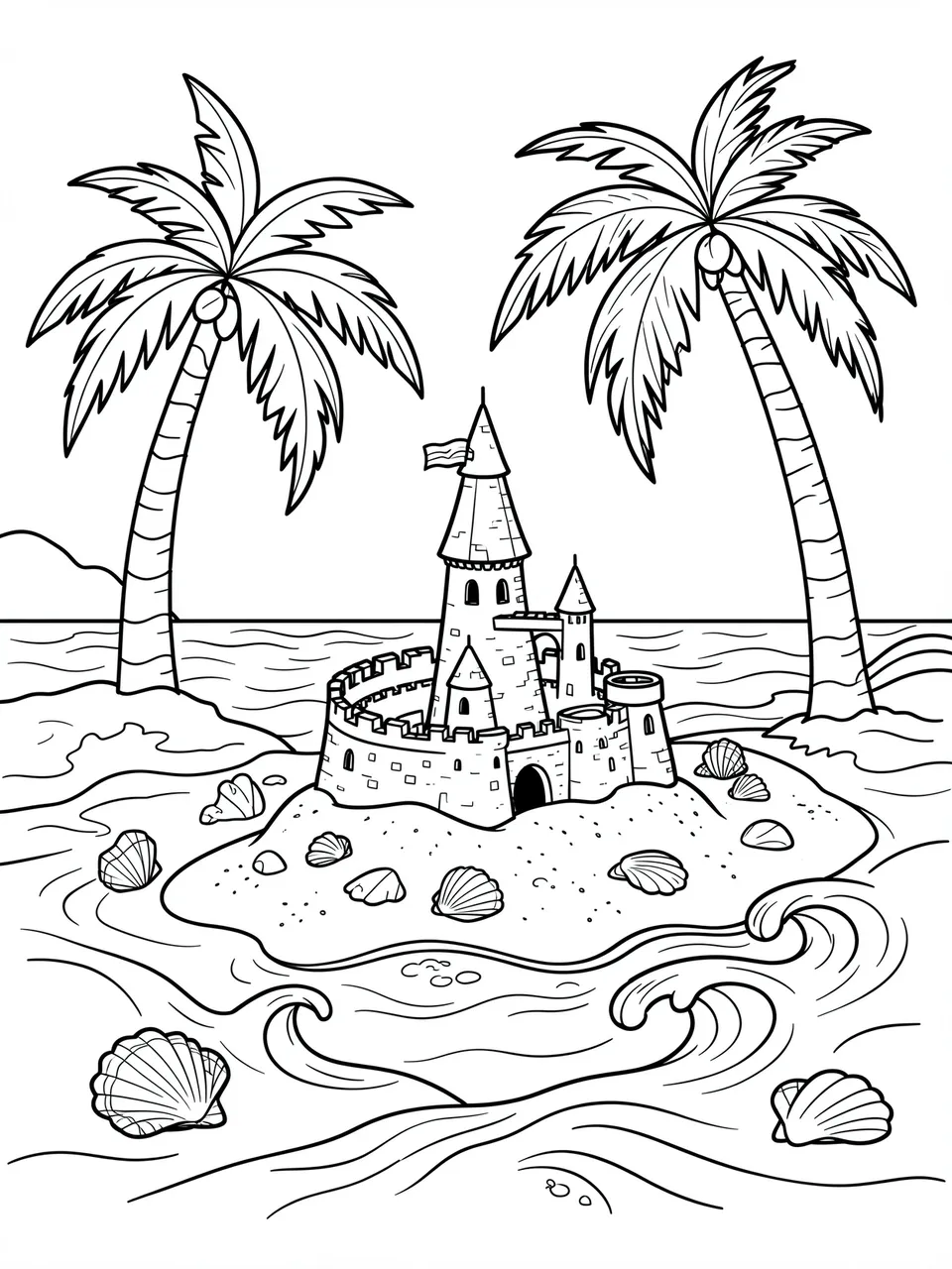 Black and white line art coloring page of a beach scene with a sandcastle, palm trees, seashells and framing waves