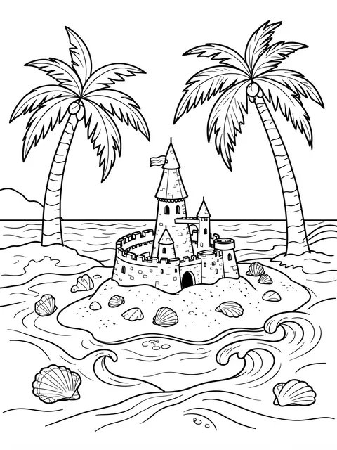 Black and white line art coloring page of a beach scene with a sandcastle, palm trees, seashells and framing waves