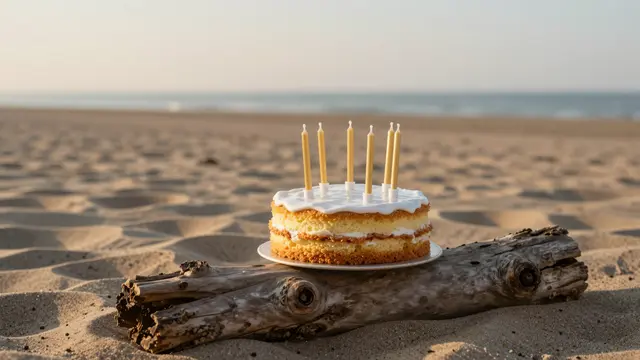 Small birthday cake with plain candles sits on a driftwood log on an empty sandy beach at sunset
