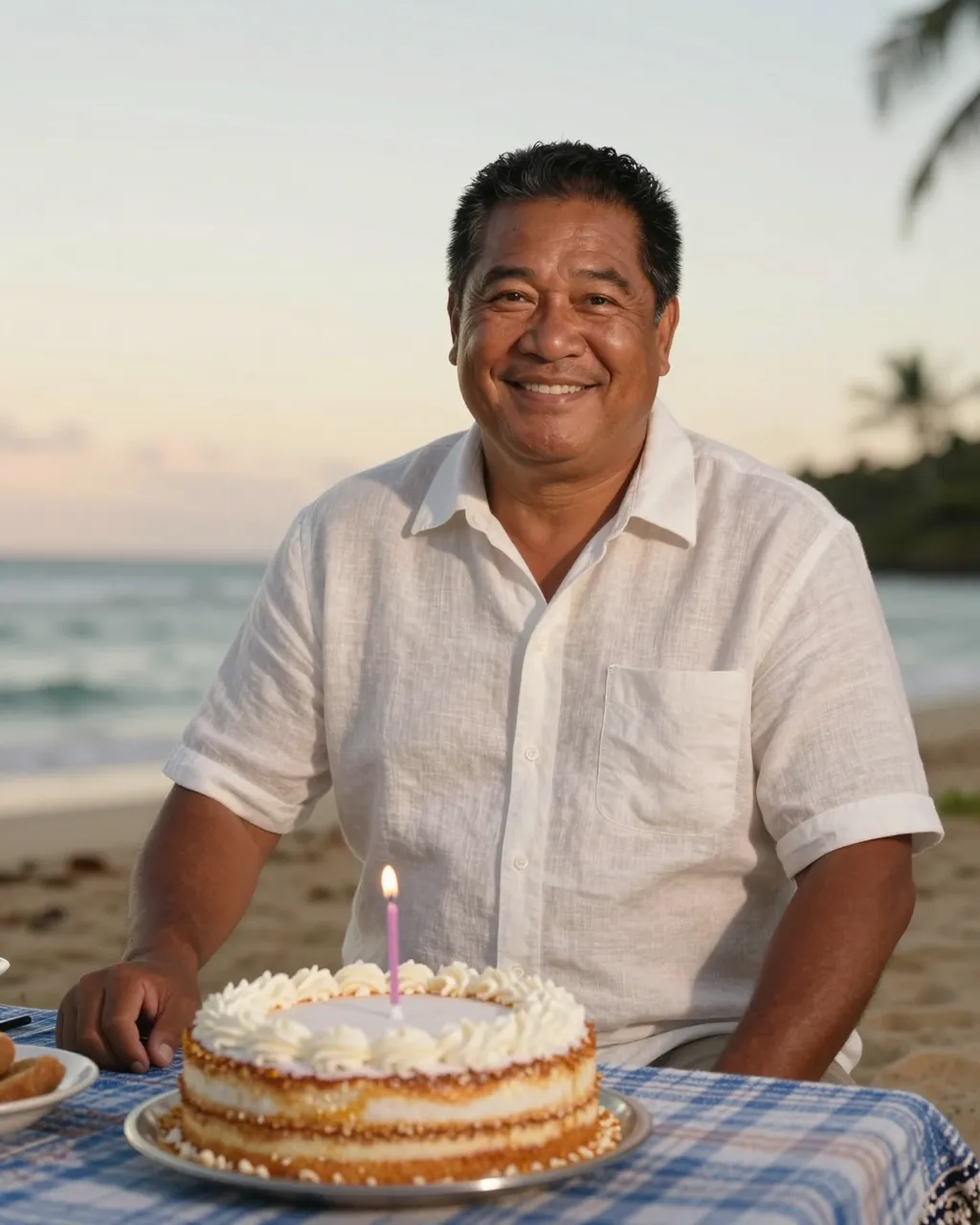 Smiling Pacific Islander man sits with a lit birthday cake at a sunset beach picnic