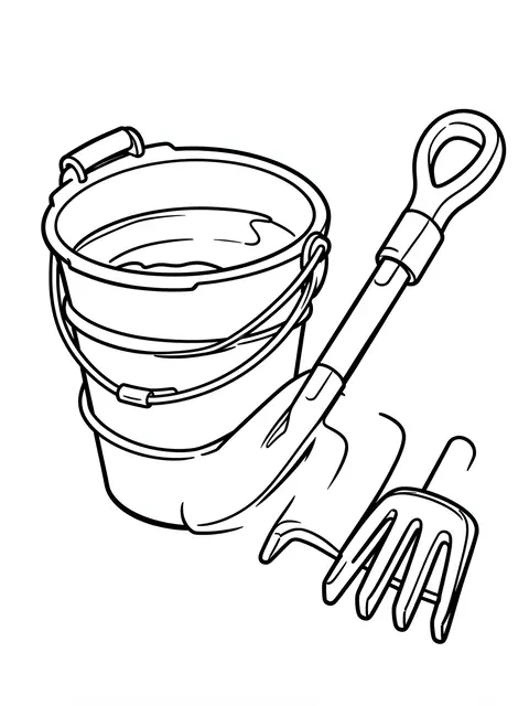 Bold black and white line art of a beach pail, shovel and sand rake on a plain white background