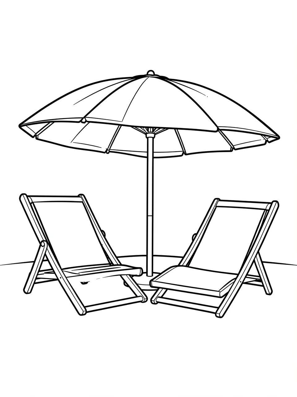Black and white line art of a beach umbrella shading two empty lounge chairs on a plain white background