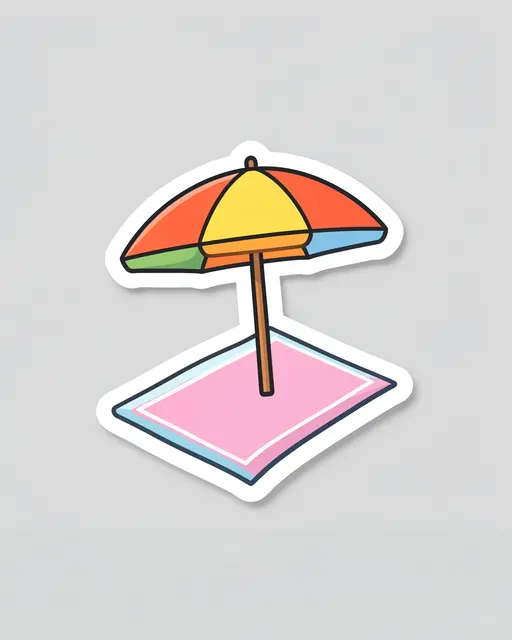 A die-cut sticker of a colorful beach umbrella over a pink towel on a light gray background