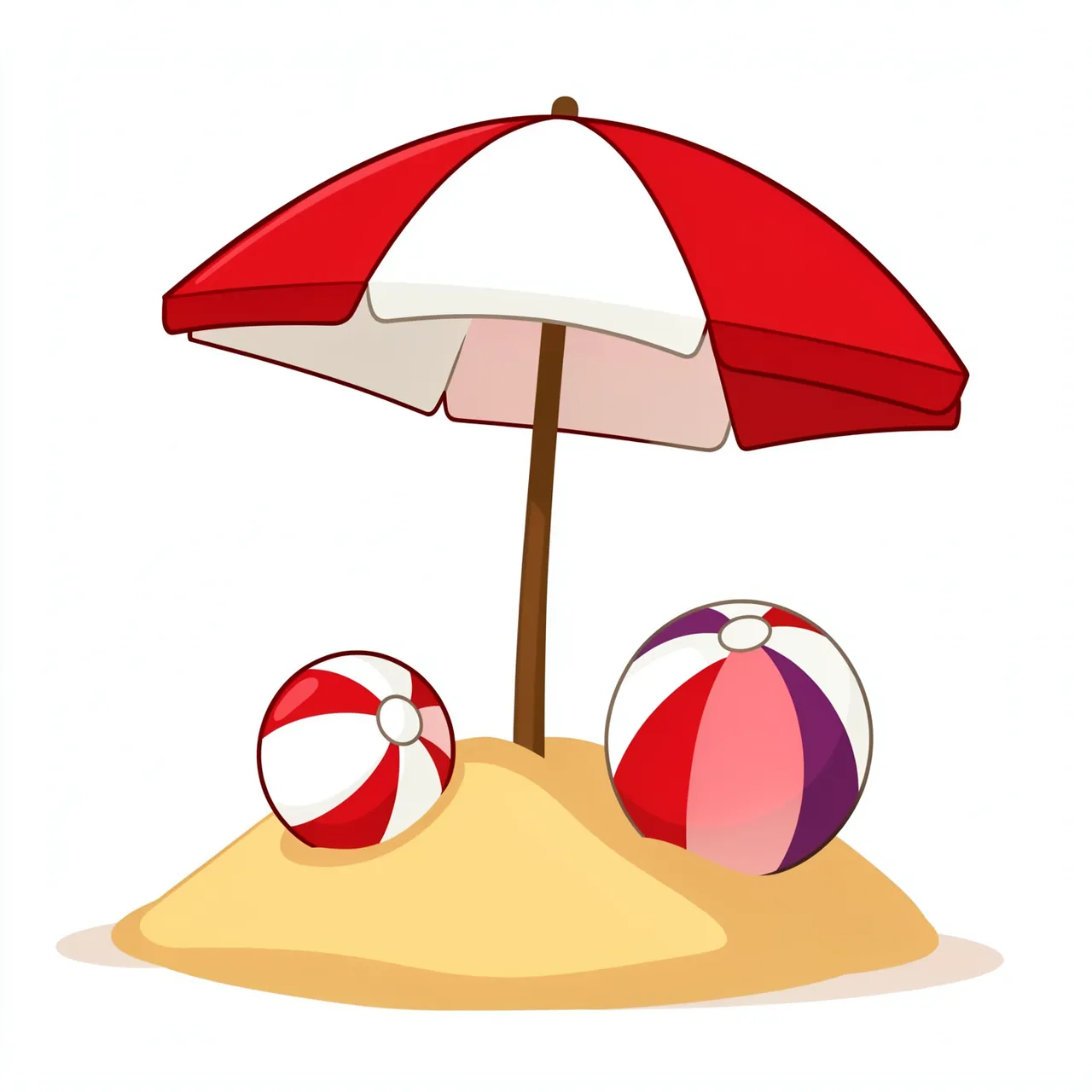Flat clipart of a red and white beach umbrella in a sand mound with two beach balls, isolated on a white background.