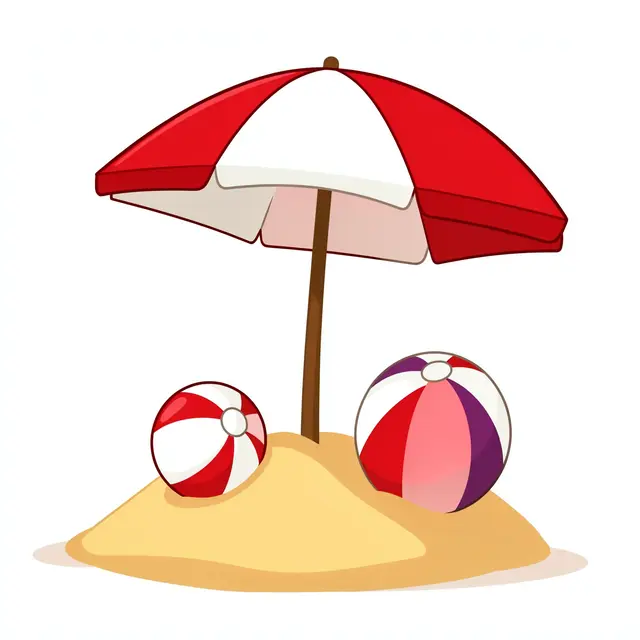 Flat clipart of a red and white beach umbrella in a sand mound with two beach balls, isolated on a white background.