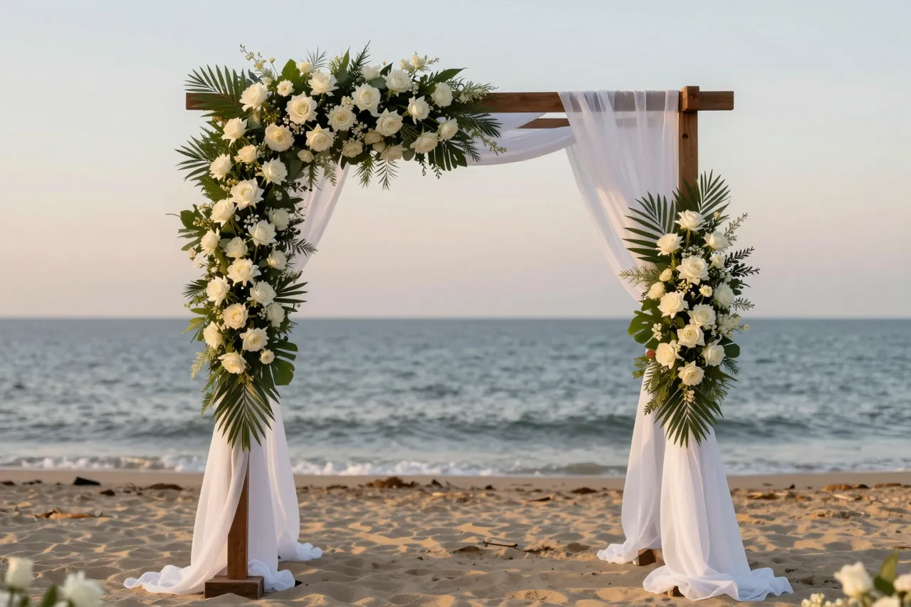 A wooden wedding arch draped with sheer fabric and decorated with white roses stands on a sandy beach at sunset overlooking