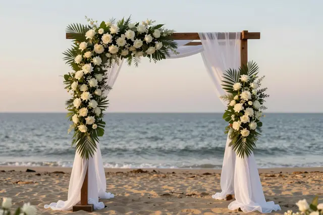 A wooden wedding arch draped with sheer fabric and decorated with white roses stands on a sandy beach at sunset overlooking