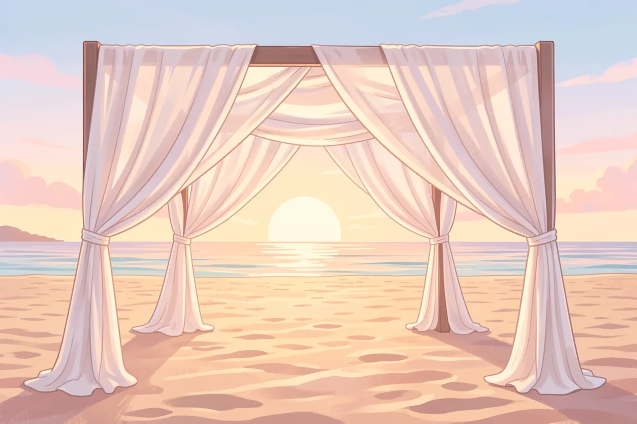 A draped white wedding chuppah stands on empty sandy beach at pastel sunrise over the ocean