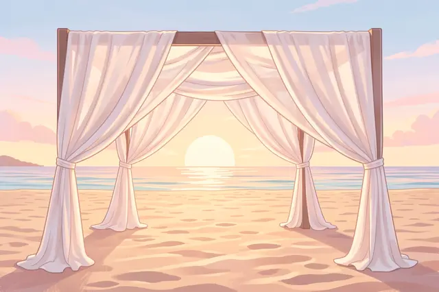 A draped white wedding chuppah stands on empty sandy beach at pastel sunrise over the ocean