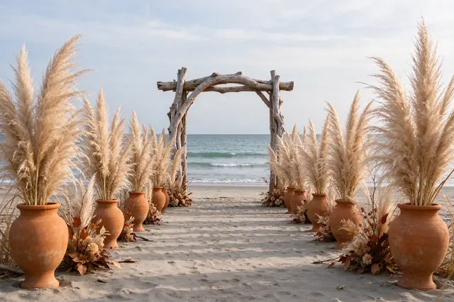 Beach wedding aisle lined with pampas grass in terracotta urns leading to a driftwood arch by the ocean