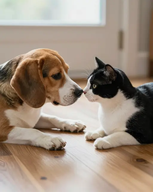 A beagle and a black and white tuxedo cat lie facing each other with touching noses on a hardwood floor near a sunlit window.