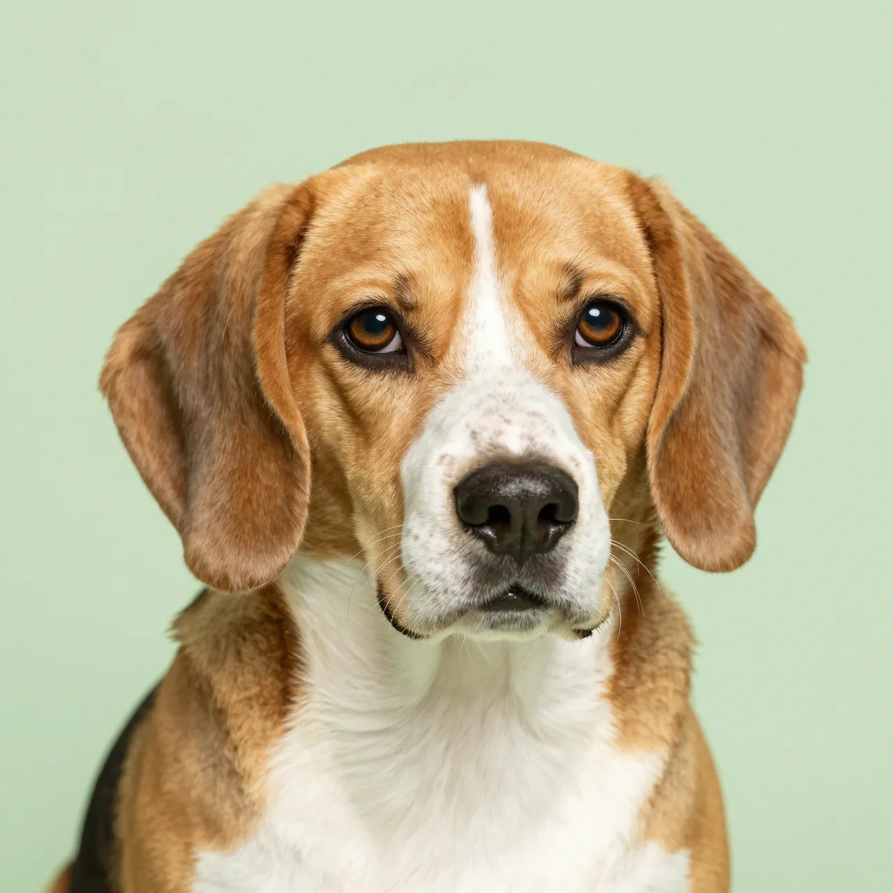 Close-up head portrait of a beagle with droopy ears and soulful eyes against a pale green backdrop