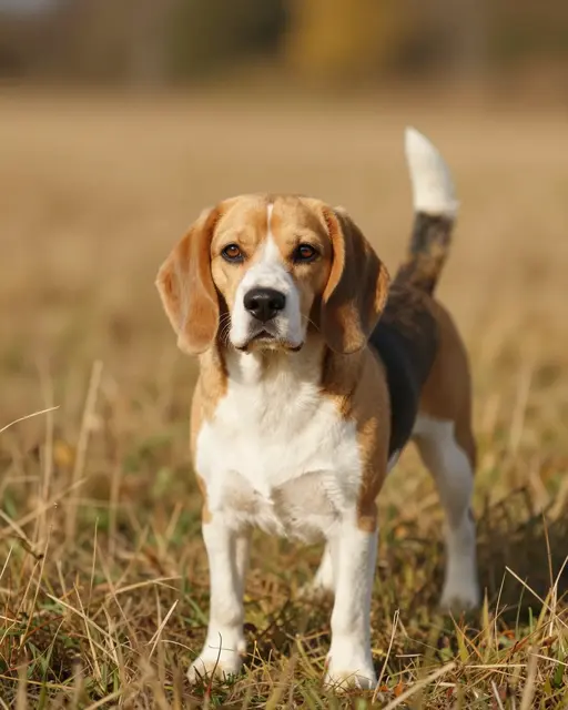A tricolor beagle stands alert facing the camera in a sunlit golden autumn grass field.