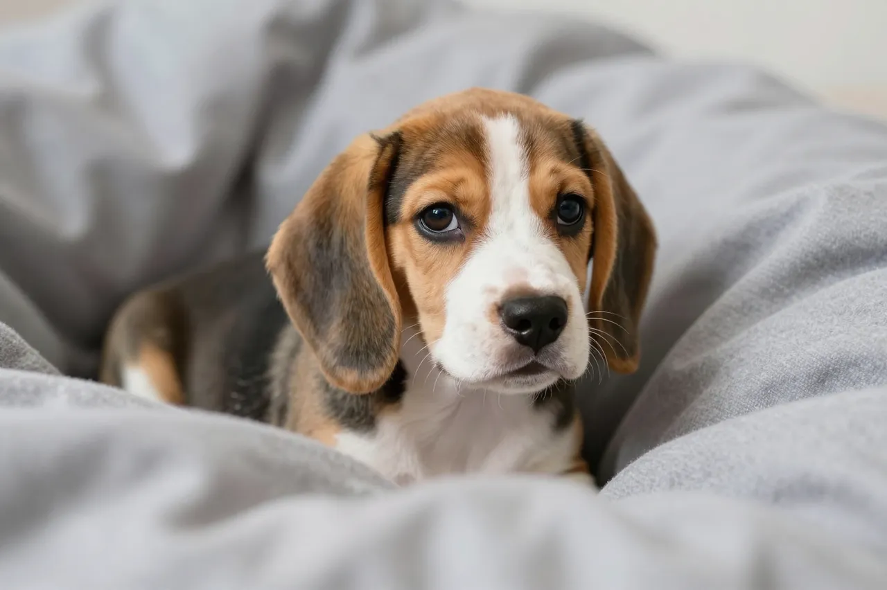 A young beagle puppy peeks out calmly from a pile of soft gray blankets.