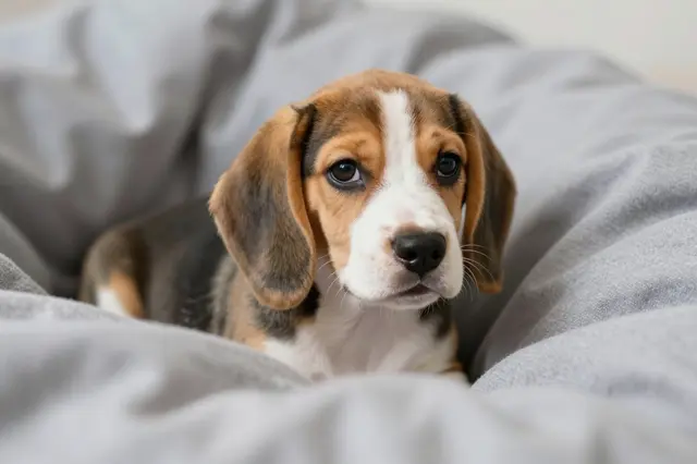 A young beagle puppy peeks out calmly from a pile of soft gray blankets.