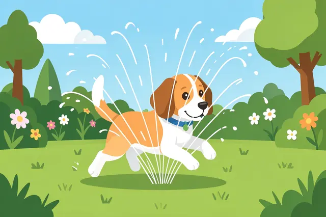 A cute beagle runs through a sprinkler spray on a sunny summer lawn surrounded by garden flowers.