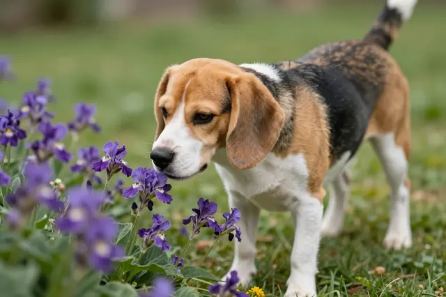 A tricolor beagle stands on grass leaning in to sniff purple iris flowers in a garden
