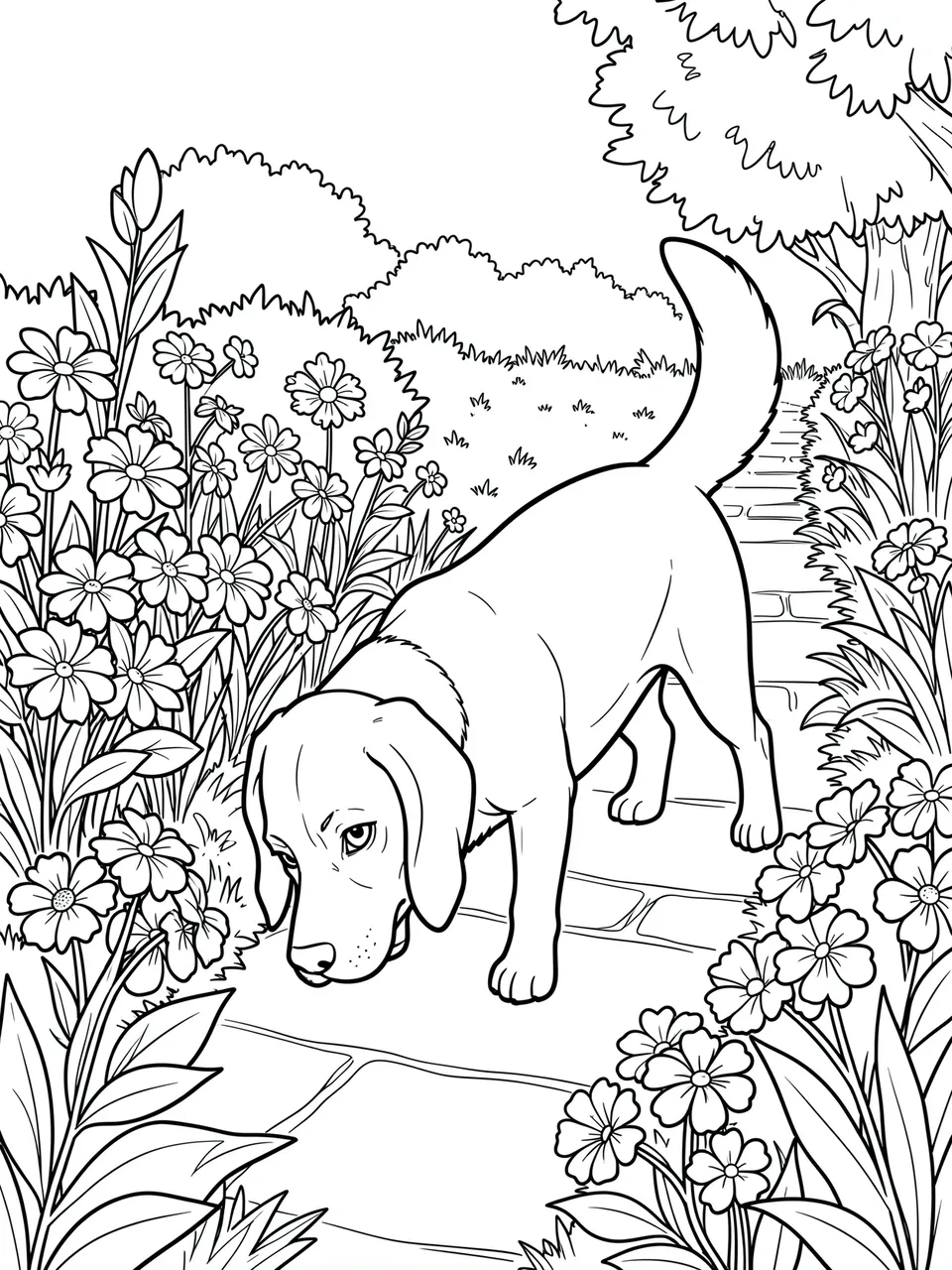 Black and white line art of a beagle sniffing flowers along a garden walkway