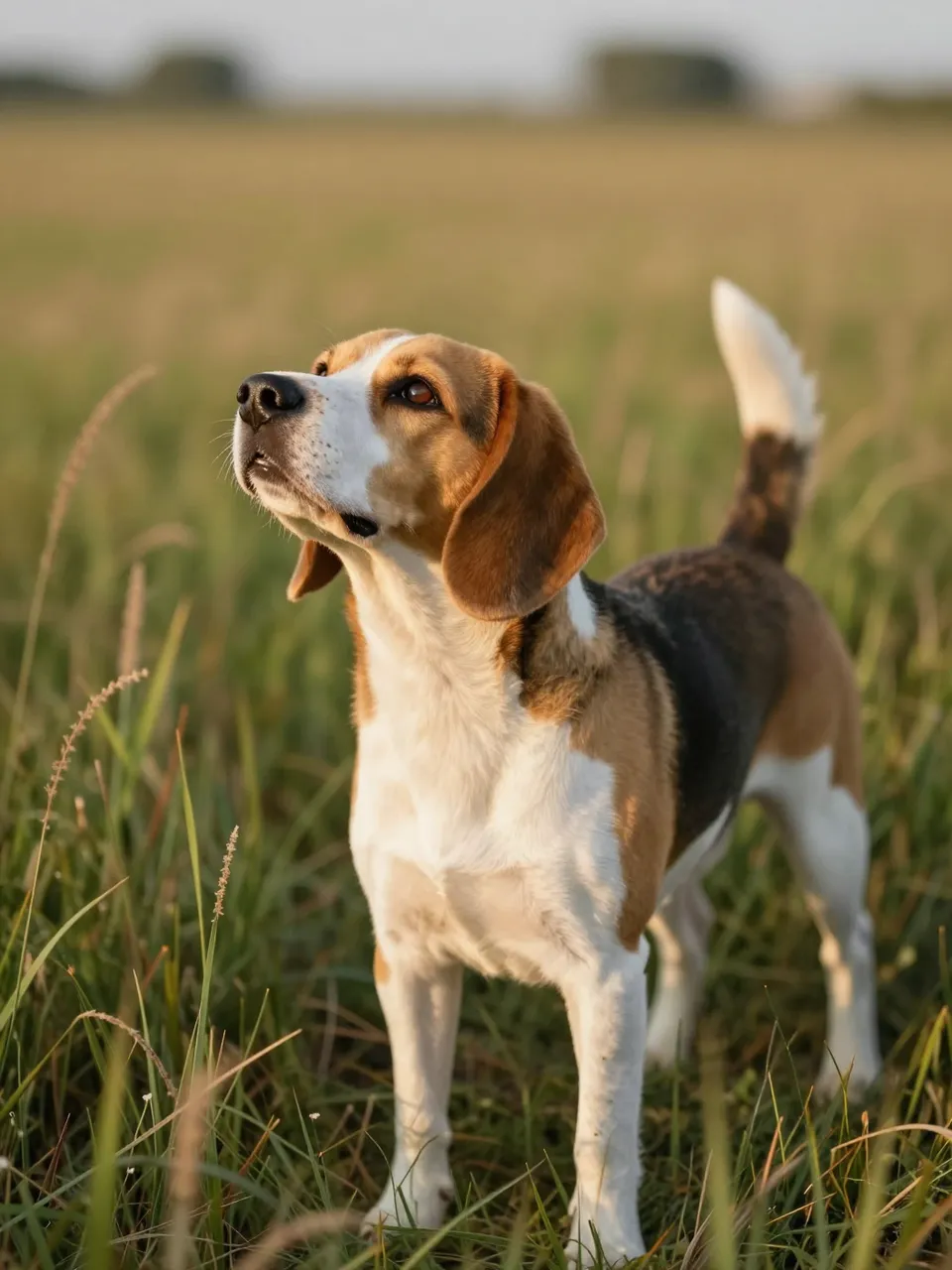 A tan and white beagle stands in tall grass, nose raised, bathed in warm sunset light.