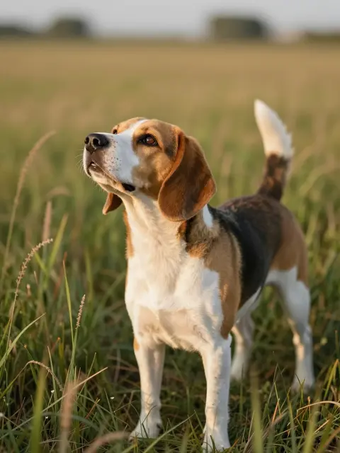 A tan and white beagle stands in tall grass, nose raised, bathed in warm sunset light.