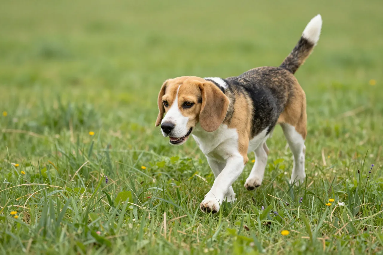 A beagle walks through a lush green meadow while following a scent trail