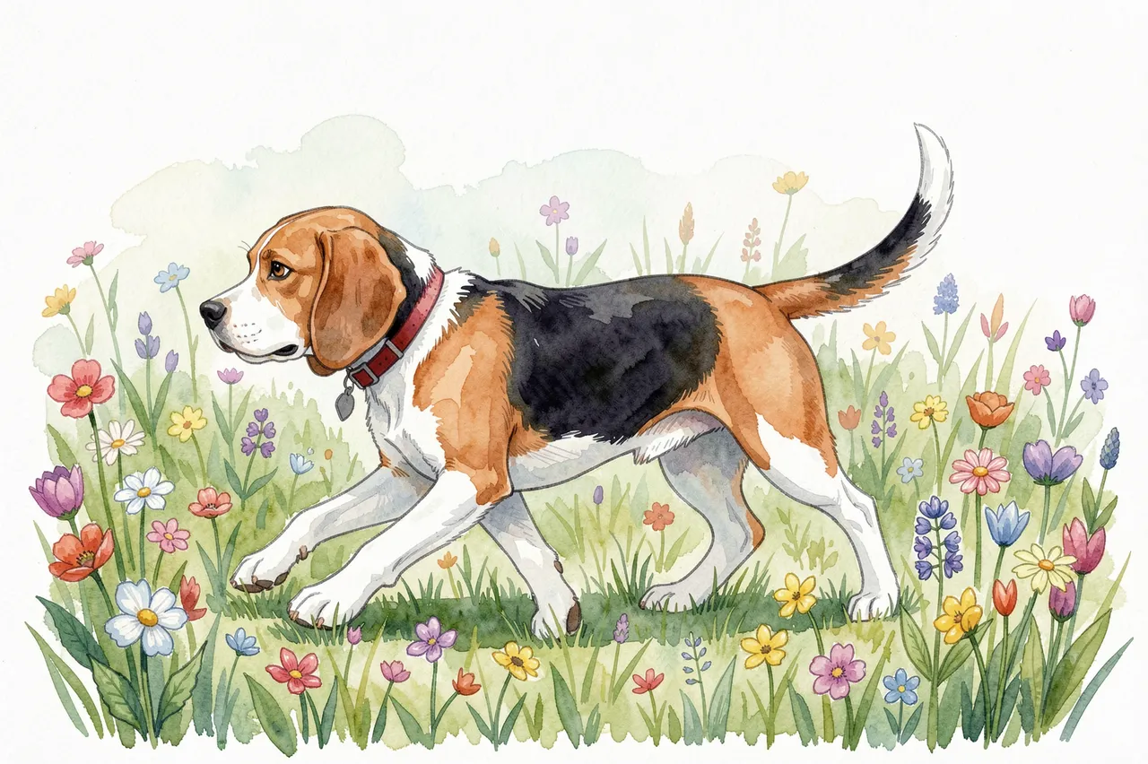 A side view watercolor illustration of a trotting beagle surrounded by colorful wildflowers in a grassy field.