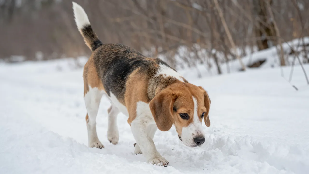 A tricolor beagle follows a scent with its nose near the ground on a snow-covered forest trail