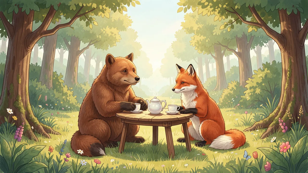 A brown bear and red fox sit at a small wooden table sharing tea in a sunlit forest clearing