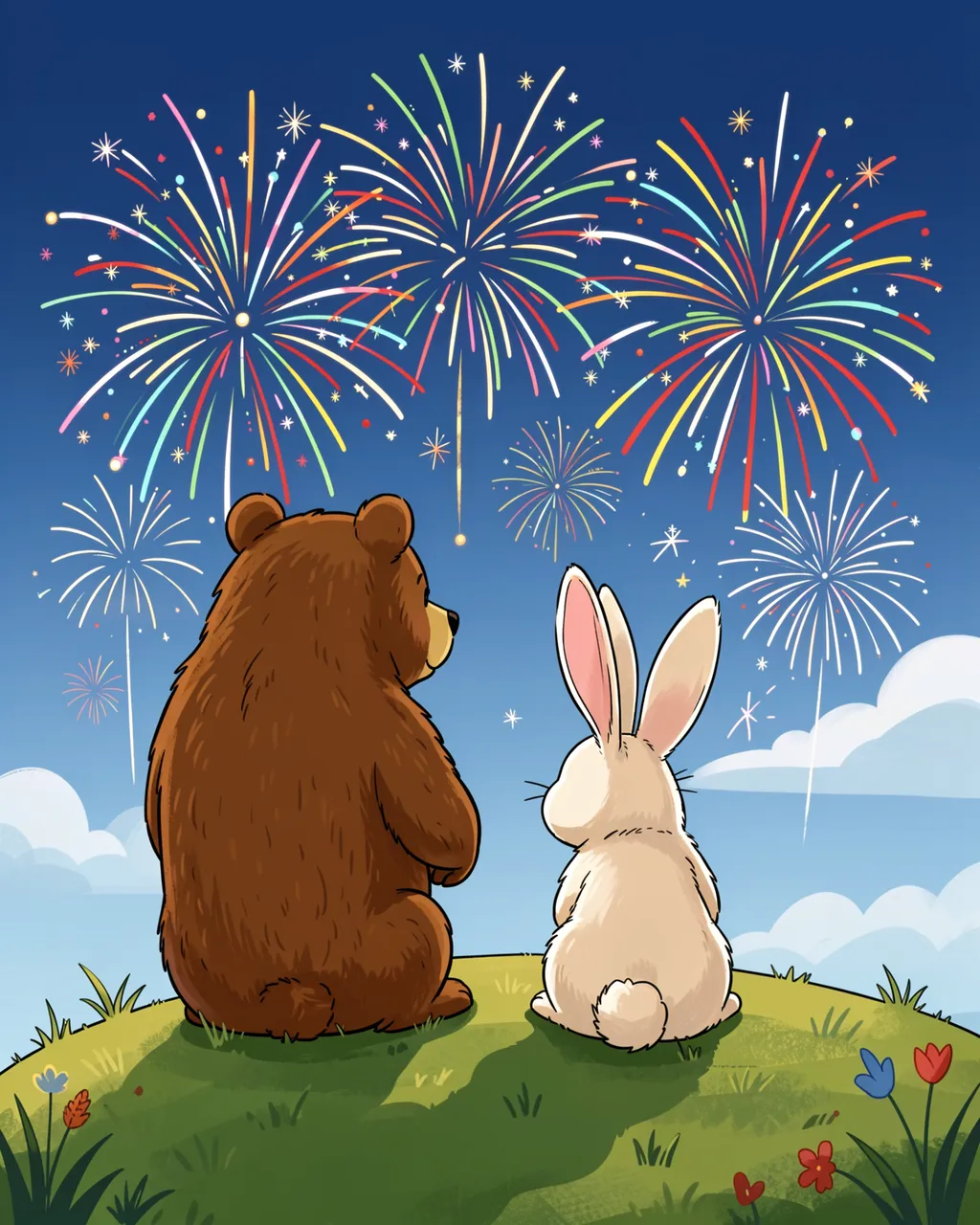 A brown bear and a white rabbit sit side by side on a grassy hilltop watching colorful fireworks in the evening sky.