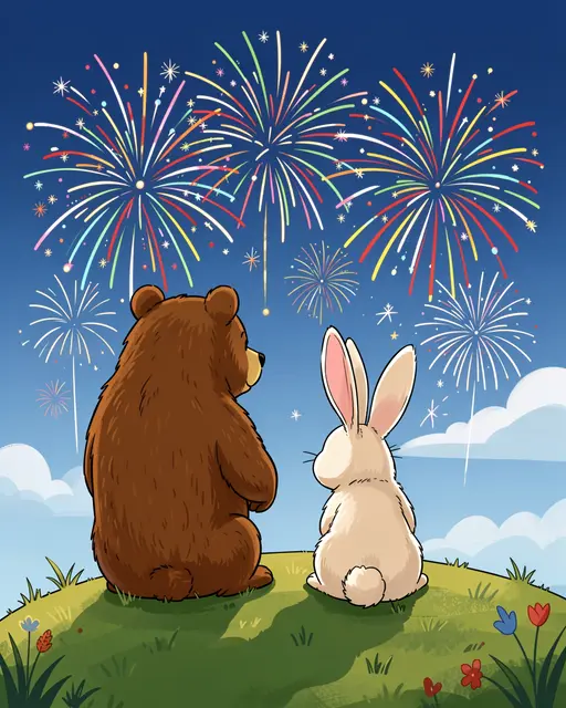 A brown bear and a white rabbit sit side by side on a grassy hilltop watching colorful fireworks in the evening sky.