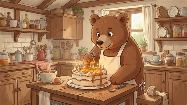 A cartoon brown bear in an apron drizzles honey onto a lit birthday cake in a cozy cottage kitchen