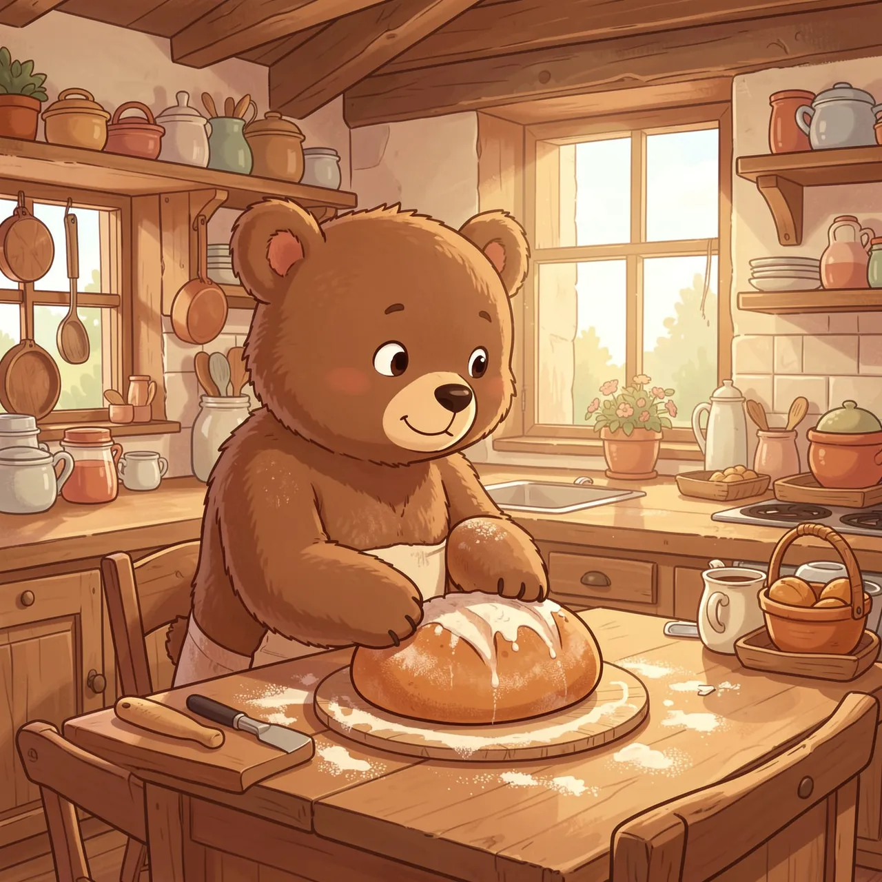 Cute illustrated brown bear in an apron bakes frosted bread at a wooden cottage kitchen table with warm natural light.