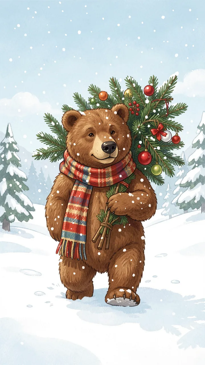 A brown bear in a striped scarf walks through snow carrying a decorated Christmas tree in a snowy winter landscape.