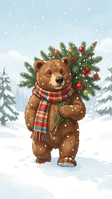 A brown bear in a striped scarf walks through snow carrying a decorated Christmas tree in a snowy winter landscape.