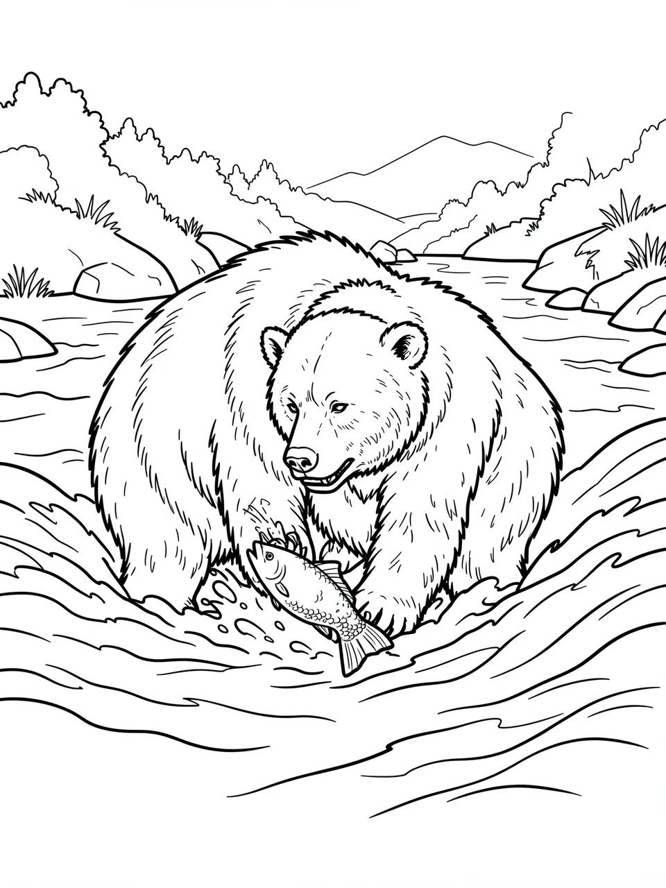 Black and white line art of a brown bear holding a fish while standing in a rushing river