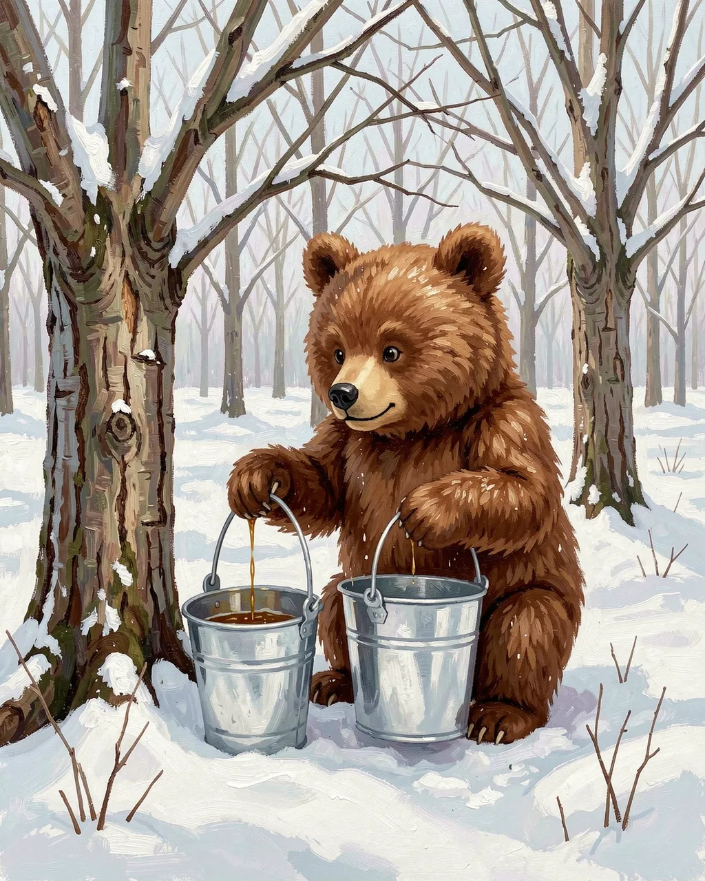 A gouache painted cute brown bear holds tin pails gathering sap in a snowy winter sugarbush
