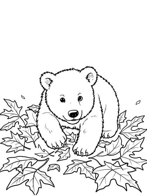 Black and white line art of a bear cub resting among scattered fallen maple leaves on a blank background