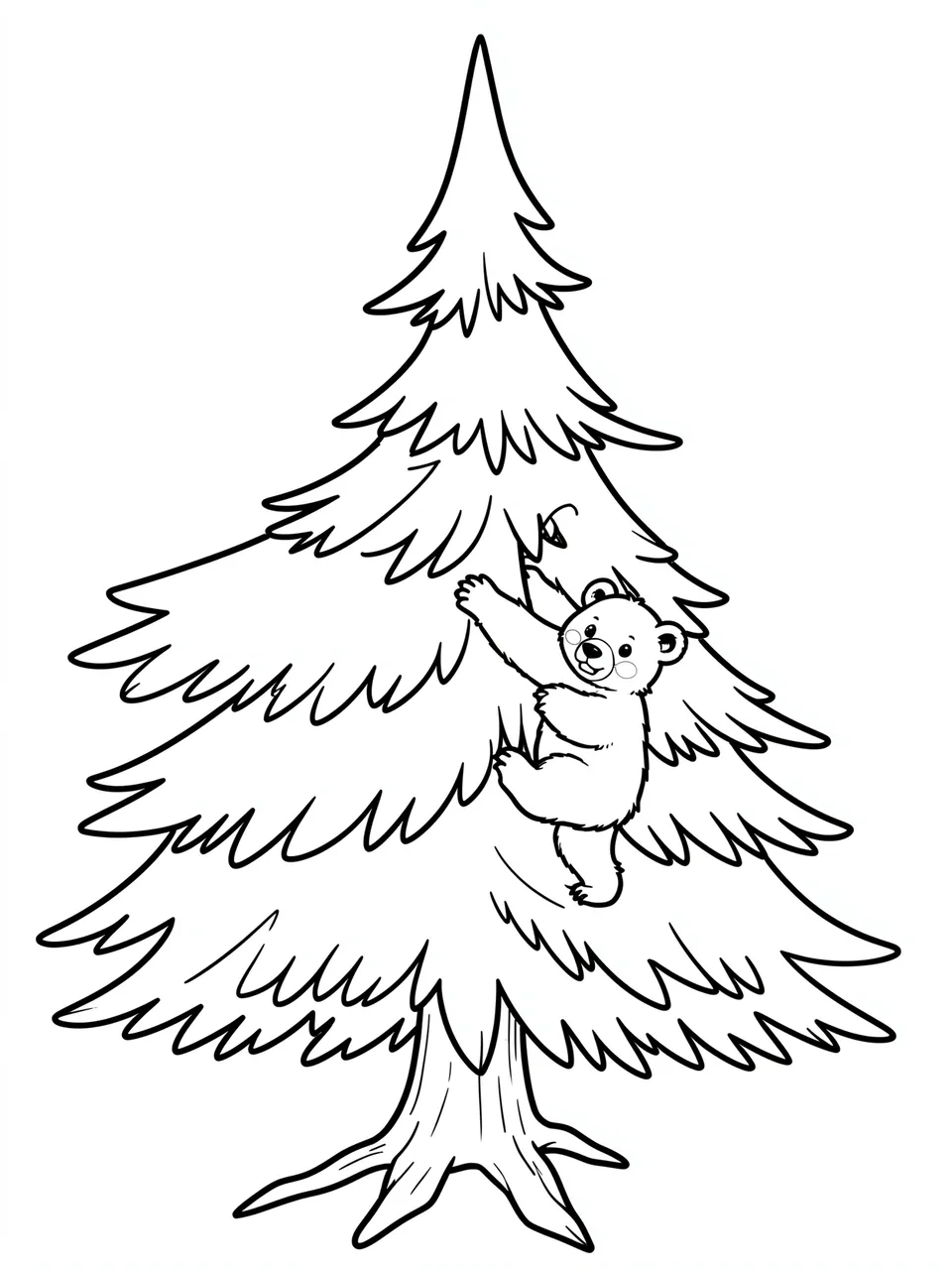 Black and white line art of a smiling bear cub climbing a tall pine tree on a plain white background