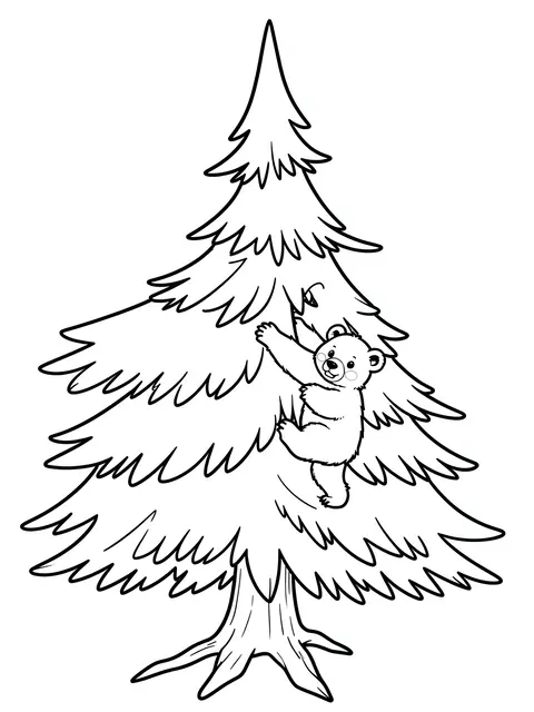 Black and white line art of a smiling bear cub climbing a tall pine tree on a plain white background