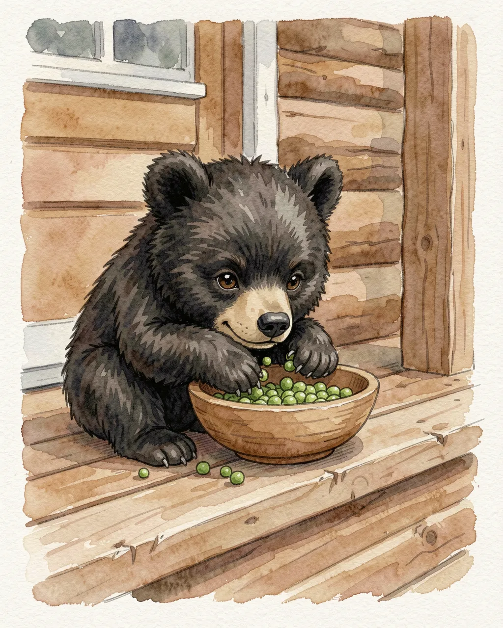 A cute black bear cub sits on a log cabin porch next to a wooden bowl of green peas.