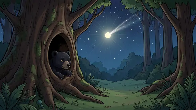A black bear cub peeks from a hollow tree to watch a shooting star in a night forest