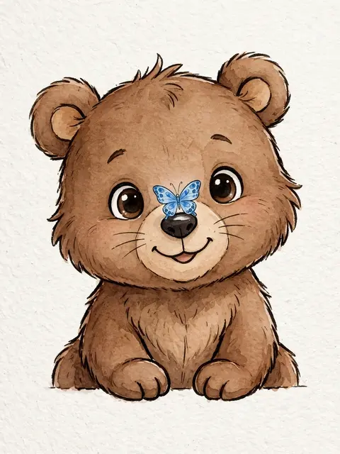 Cute cartoon brown bear cub sits with a small blue butterfly resting on its nose on textured white paper