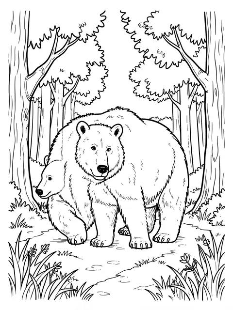 Black and white line art of a mother bear and cub standing on a forest path