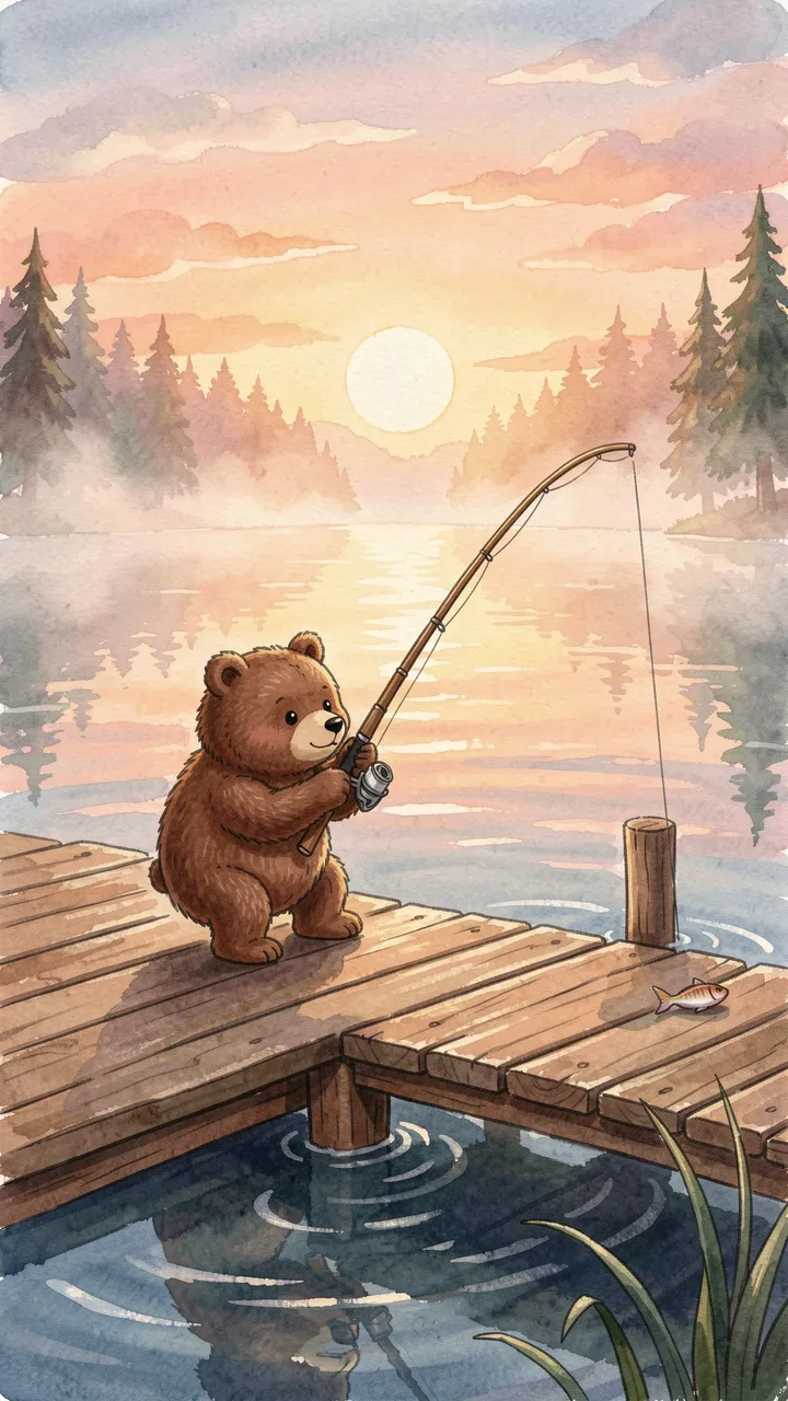 A cute brown bear sits on a wooden dock fishing on a misty lake at warm sunrise