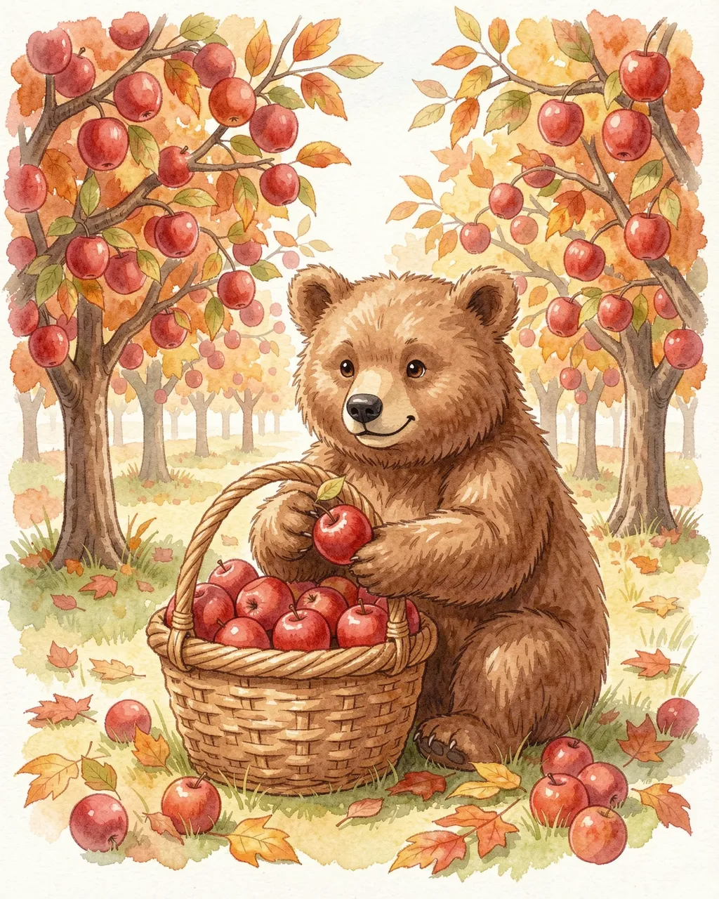 Cute brown bear sits holding a red apple beside a wicker basket in an autumn apple orchard