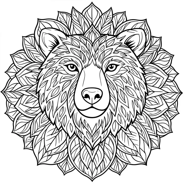 Black and white line art of a bear head framed by a symmetrical leaf mandala pattern