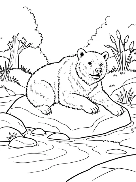 Black and white line art of a bear resting on a rock beside a wooded stream
