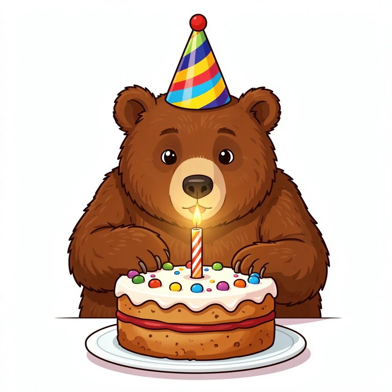 Cartoon brown bear in a striped party hat blows out a single candle on a decorated birthday cake