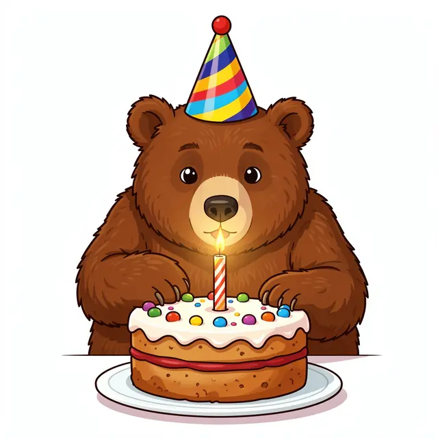 Cartoon brown bear in a striped party hat blows out a single candle on a decorated birthday cake
