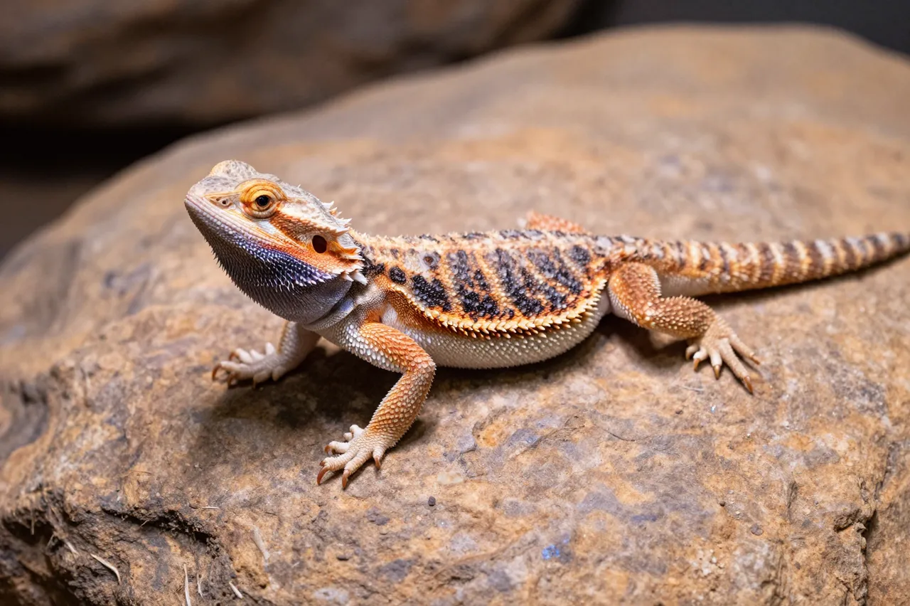 A patterned bearded dragon rests alert on a rough warm brown rock